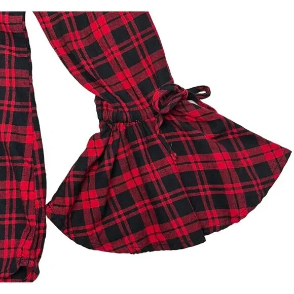 Beach Lunch Lounge SIZE L Red Black Plaid Ruffle Sleeve Button Shirt Top - Picture 5 of 8